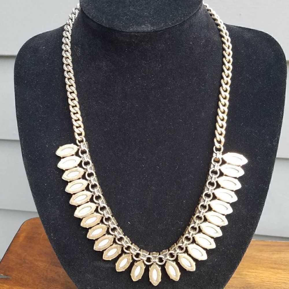 J Crew Navette White Maquis shape Rhinestone Statement Necklace 20" 3" extender - Picture 4 of 9